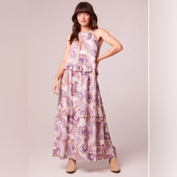 NWT Band of the Free Gypsy Flowy Purple Lightweight Paisley Tiered Maxi Dress M - Picture 1 of 13
